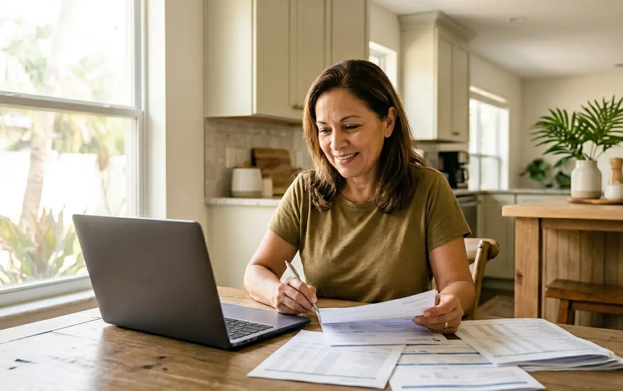 Woman reviewing cost of living and housing costs at home while researching moving to Palatka FL in 2026