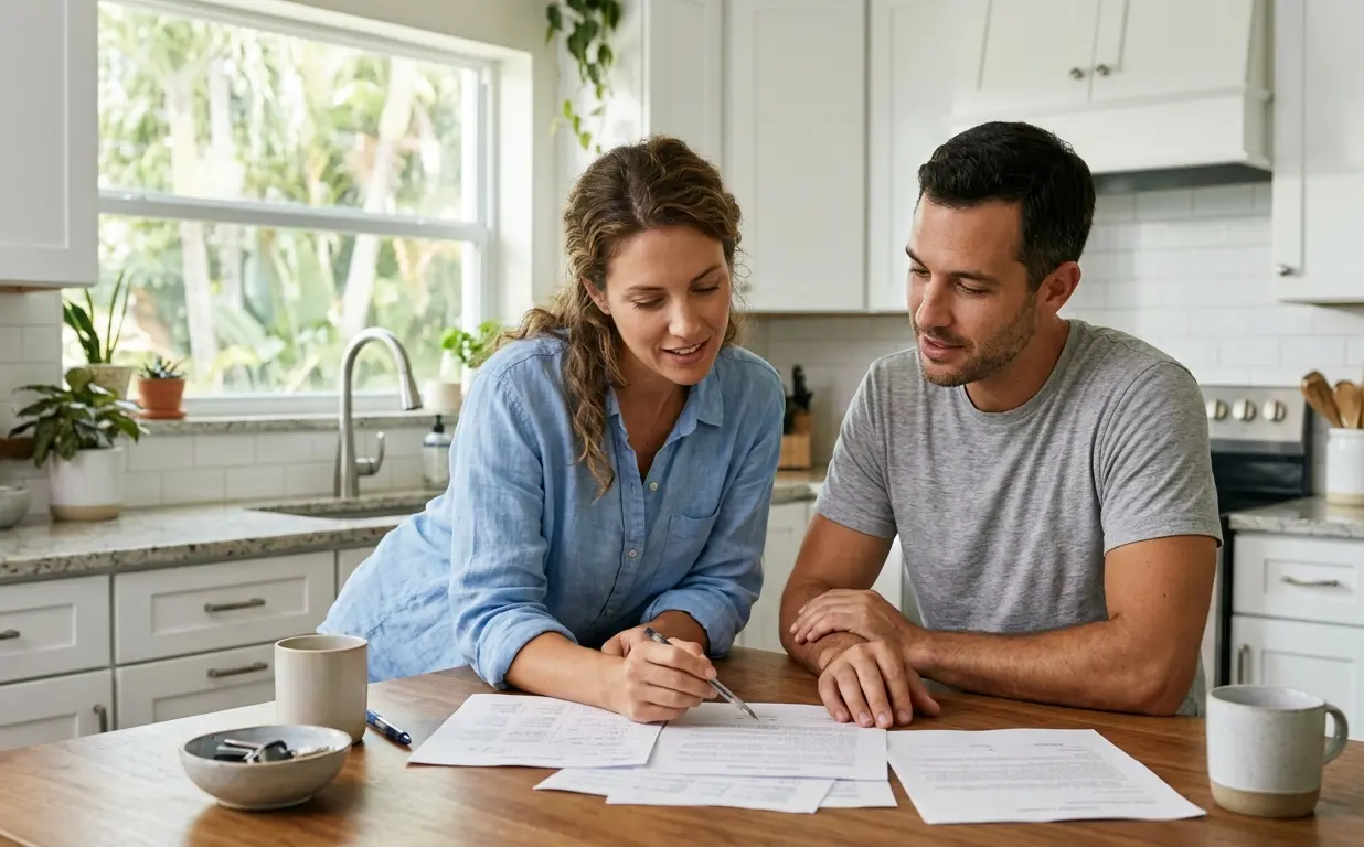 Couple carefully reviewing home purchase budget documents at a bright kitchen table inside an Orange Park FL house