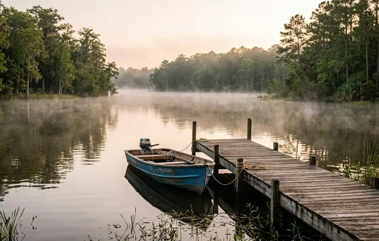 Permitted wooden dock with fishing boat on a calm Putnam County FL waterfront property along the St. Johns River
