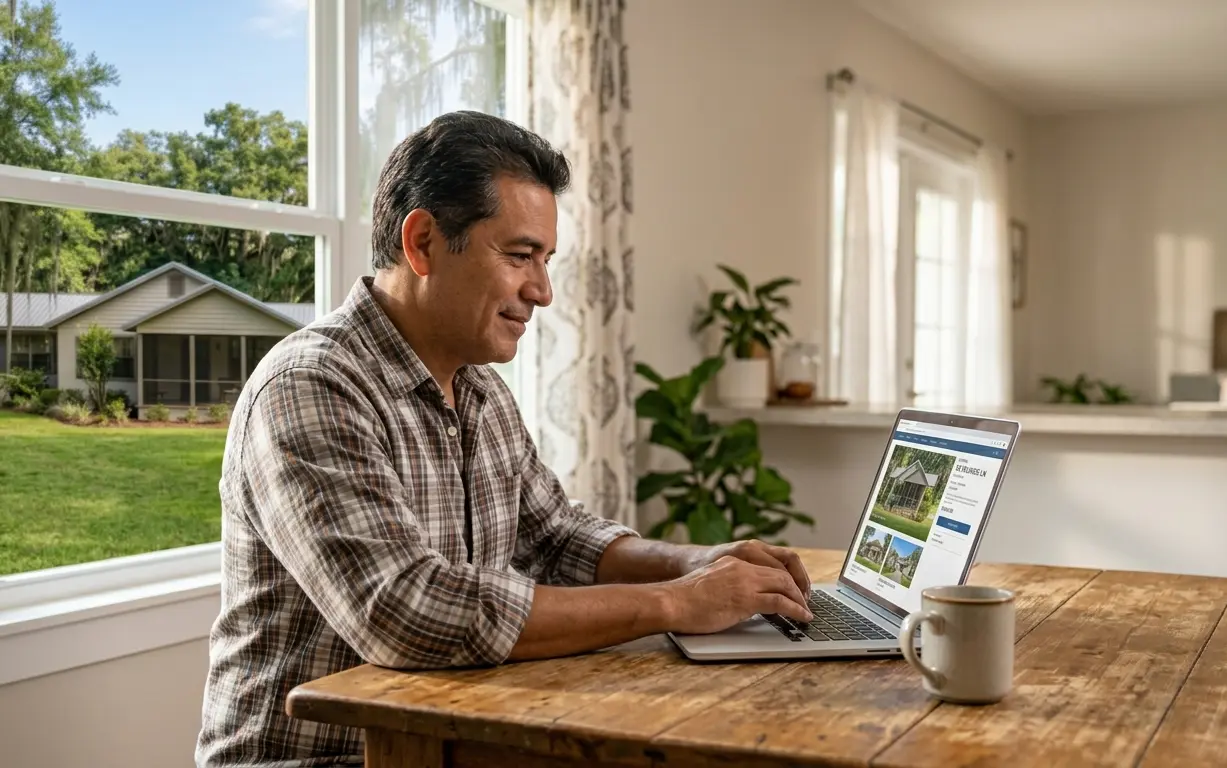 Home buyer browsing Interlachen FL homes for sale on laptop researching Putnam County real estate listings in 2026