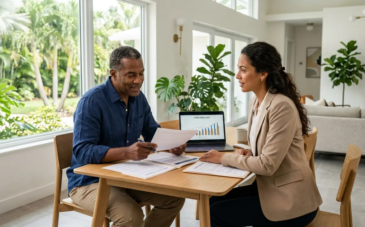 Homeowner reviewing home valuation documents with local Northeast Florida real estate agent before listing in 2026