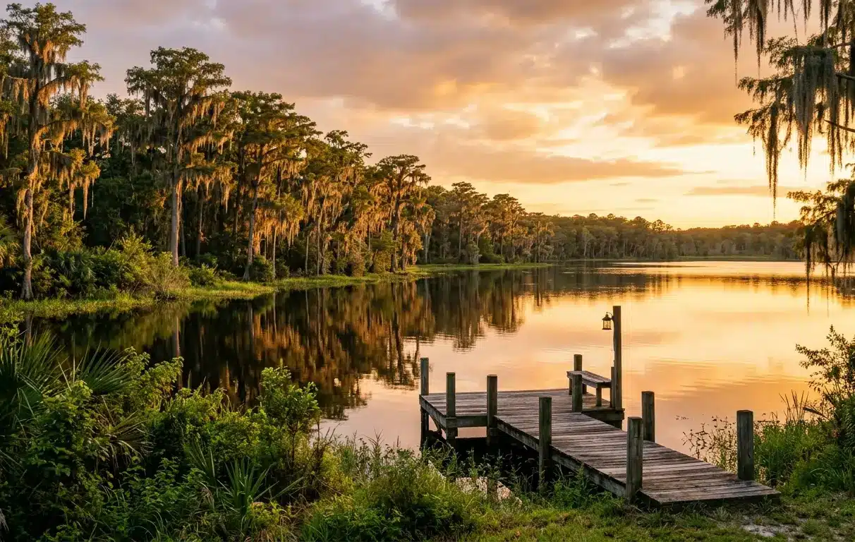 Calm freshwater lake with cypress trees and wooden dock in Interlachen Florida rural community at golden hour