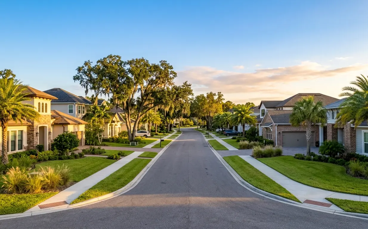 Residential neighborhood street in Northeast Florida comparing Palatka and Clay County homes for relocating buyers