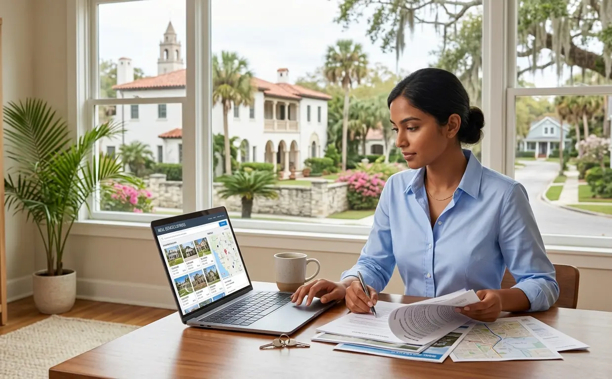 First-time buyer reviewing St Augustine real estate listings and 2026 housing market data before living in St Augustine FL.