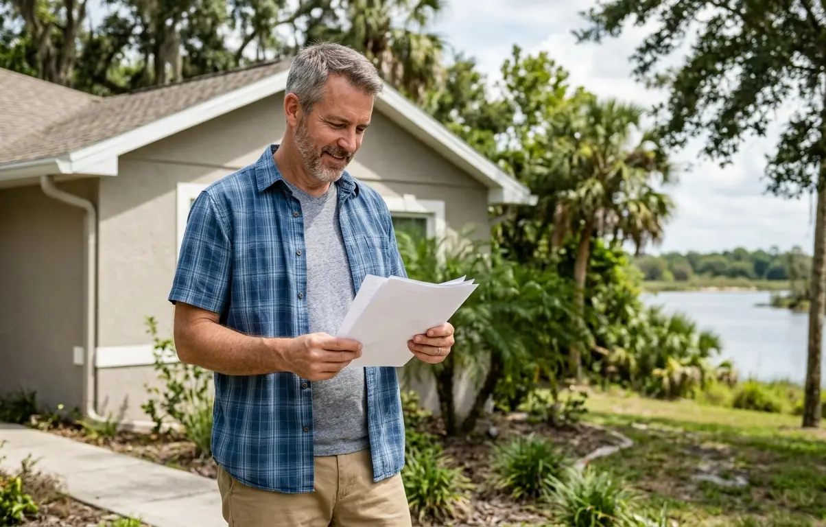 Homeowner reviewing flood zone documents outside a waterfront home in Putnam County Florida near the river