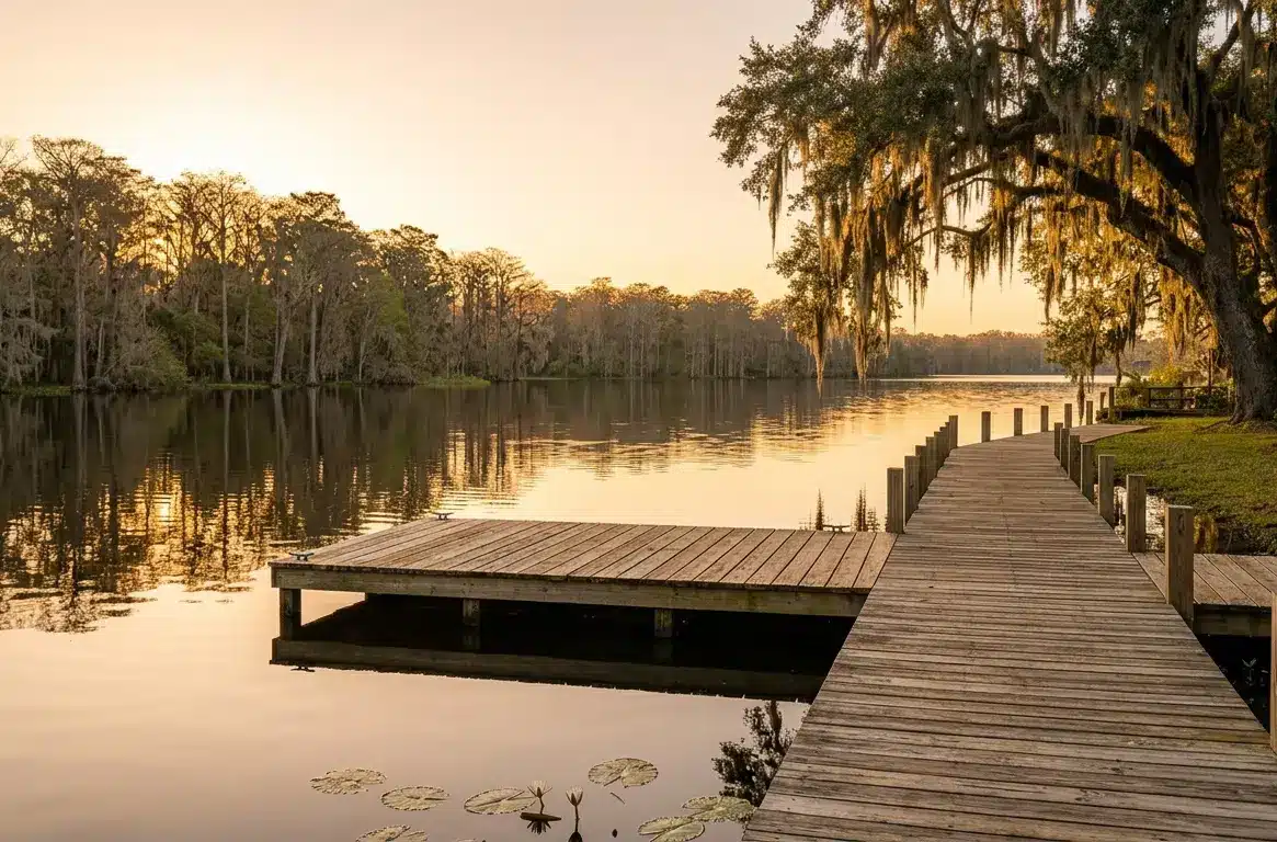 Wooden dock over calm St. Johns River at sunrise in Putnam County FL waterfront property for sale