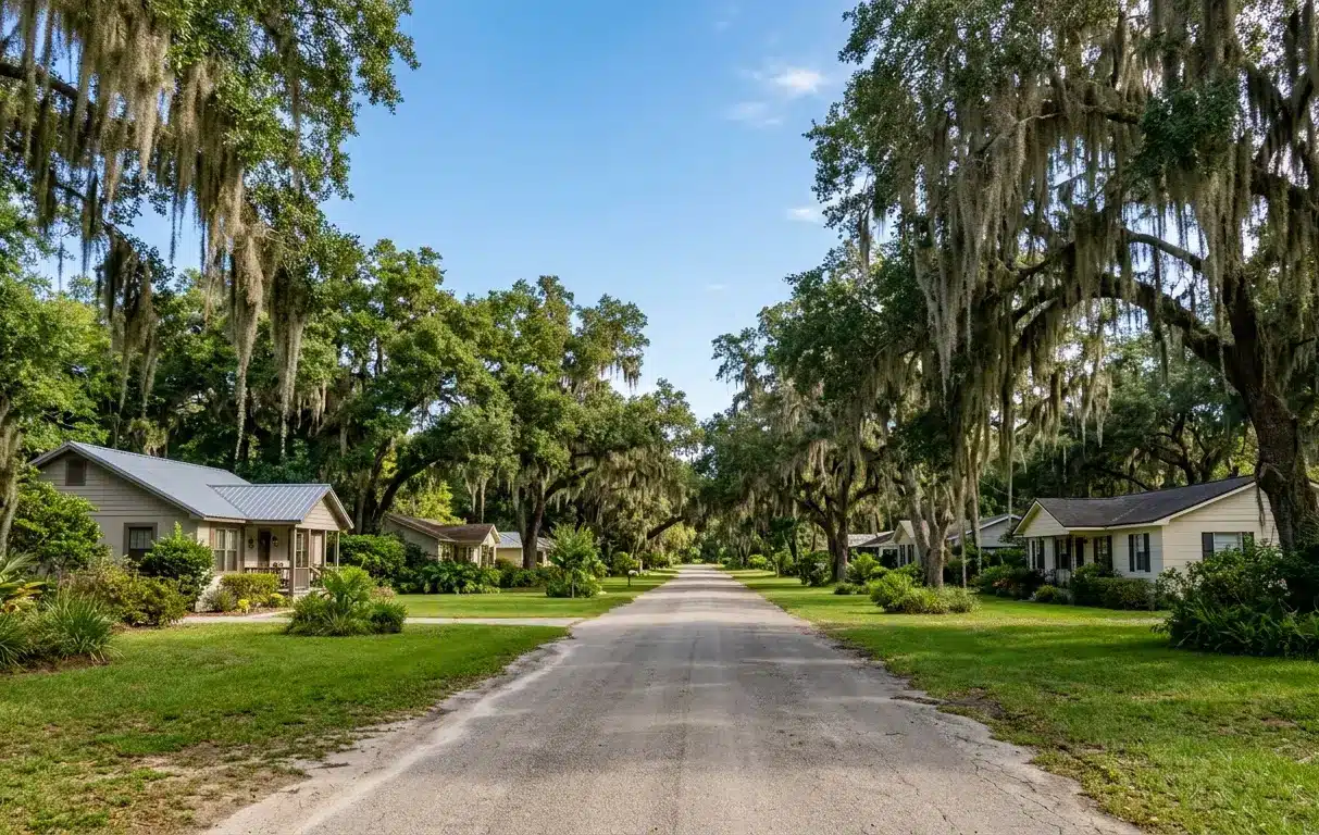 Quiet residential street lined with oak trees in Interlachen Florida showing rural community character and lifestyle