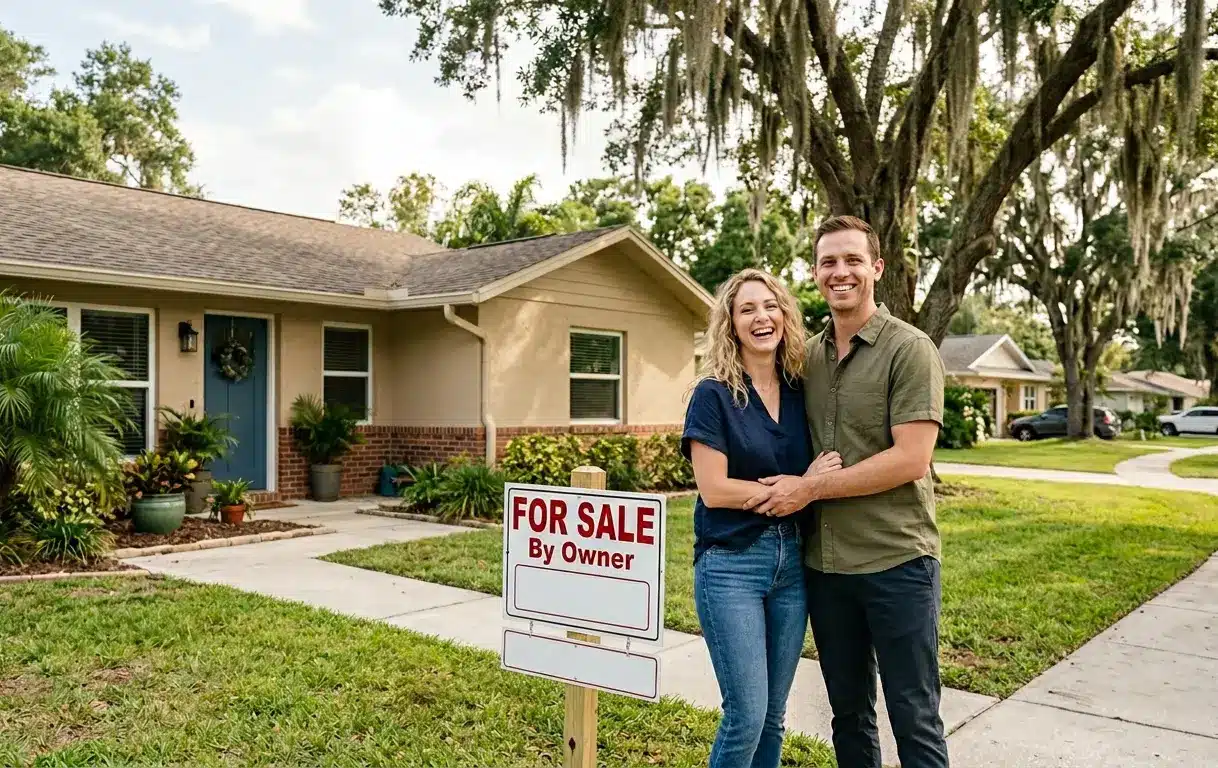 Young couple standing outside affordable single-family home in Palatka FL considering Moving to Palatka FL