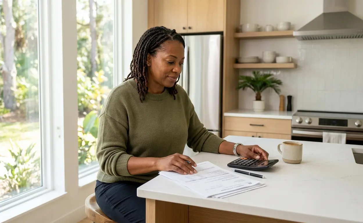 Homeowner reviewing Clay County FL real estate property tax documents at kitchen table before buying a home in 2026