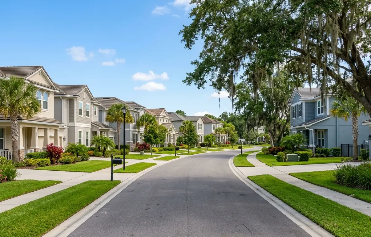 Suburban neighborhood street in Clay County FL real estate market showing newer homes and landscaped yards in 2026
