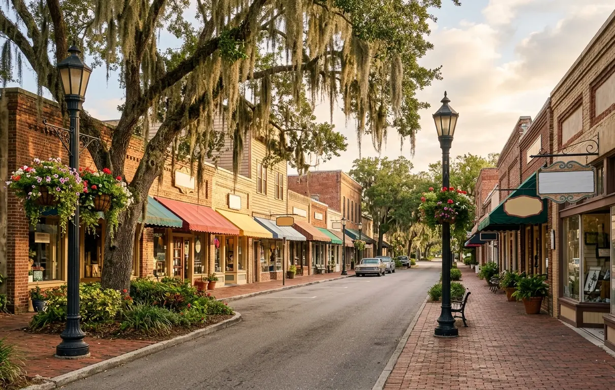 Historic downtown street in Green Cove Springs FL showing local shops and oak trees representing small city lifestyle in 2026
