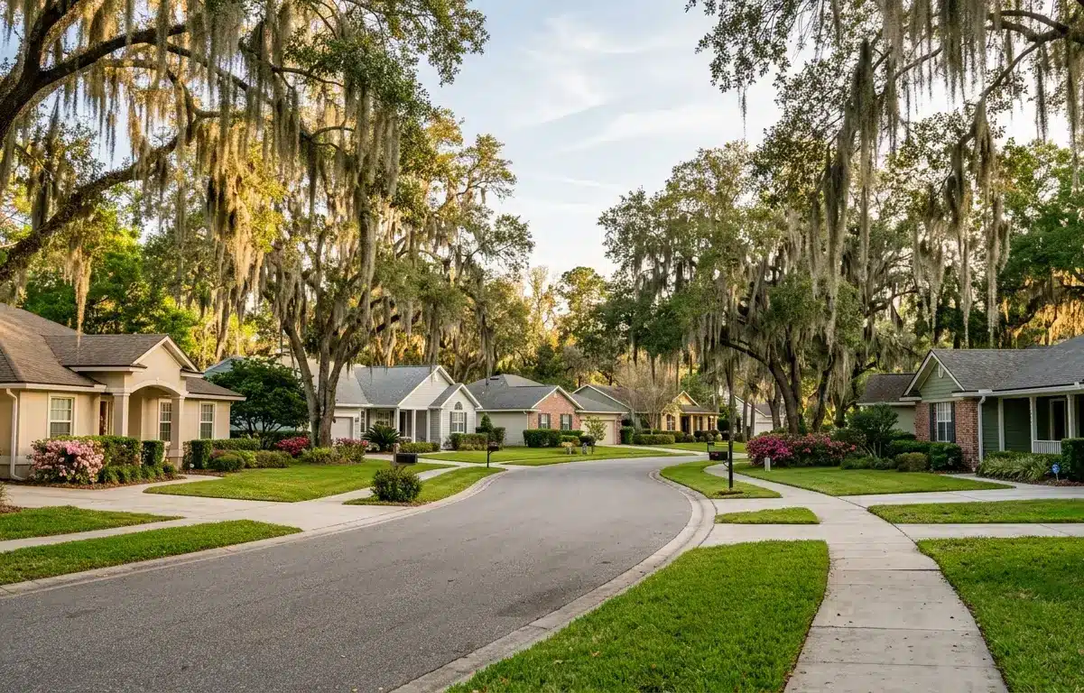 Established Orange Park FL neighborhood with mature oak trees representing Clay County FL homes for sale in 2026