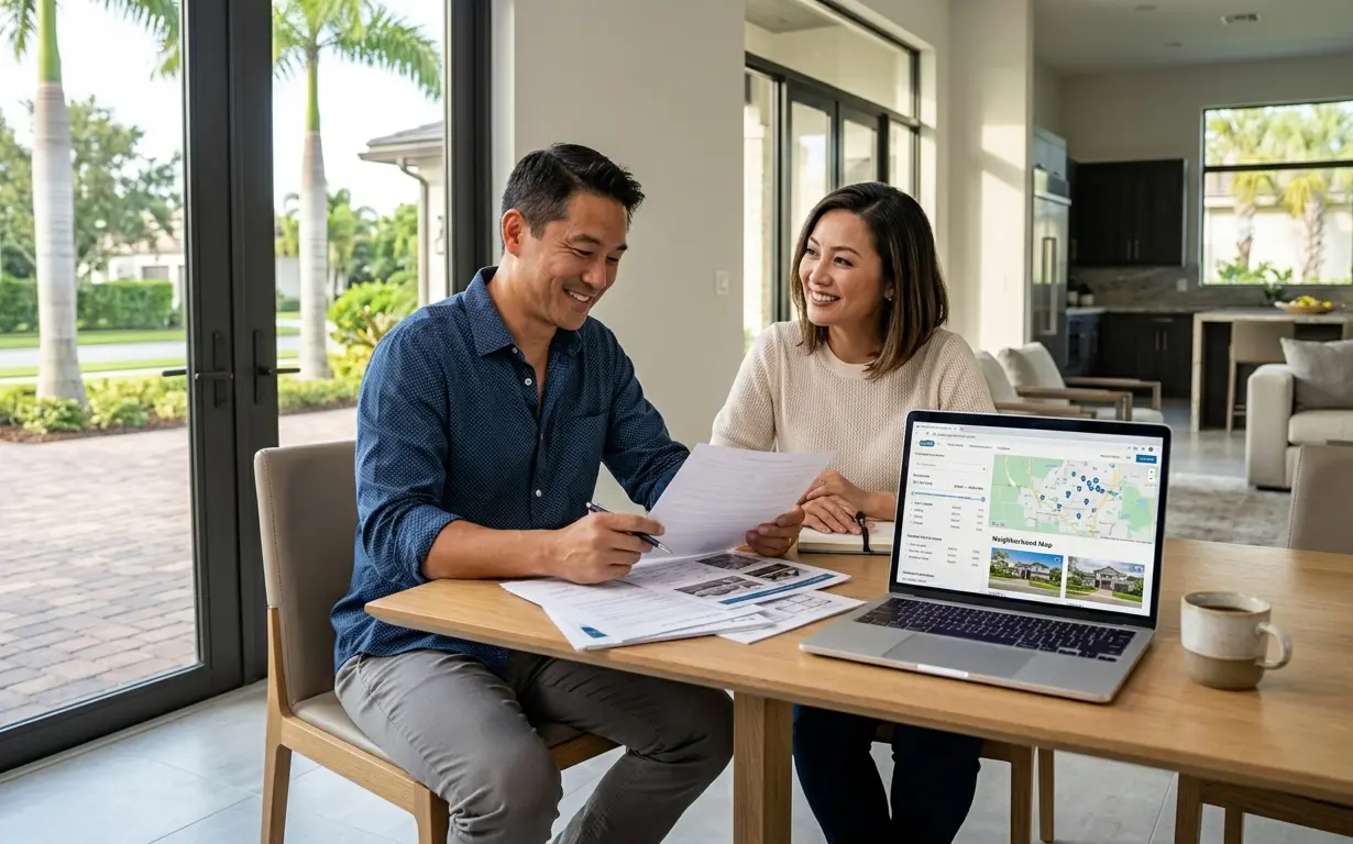  Professional couple reviewing St. Johns County FL real estate listings and documents at home before making an offer in 2026