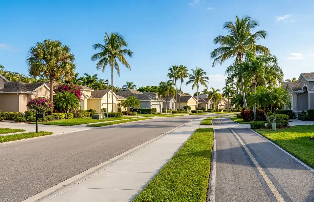 Retirement-friendly Florida community street with smaller homes and walking paths representing best downsizing home Florida options