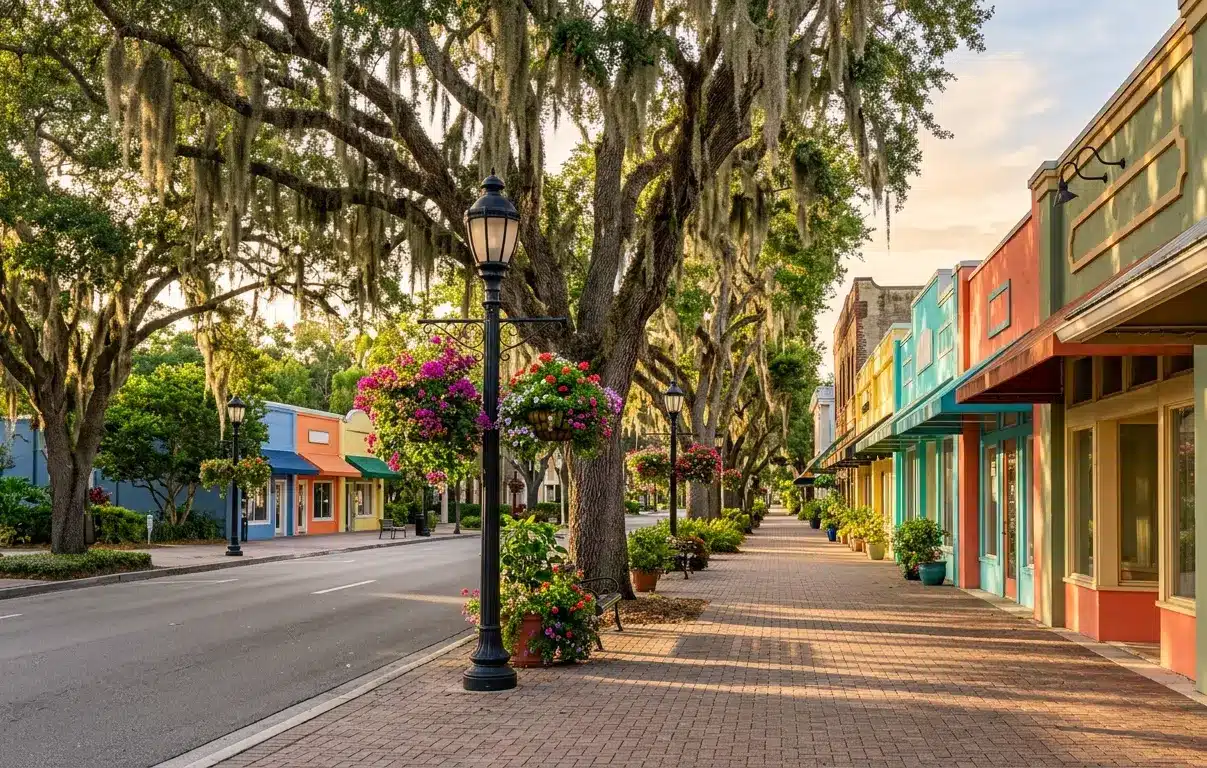 Best places to live in Florida small town main street with oak trees showing Northeast Florida community character in 2026