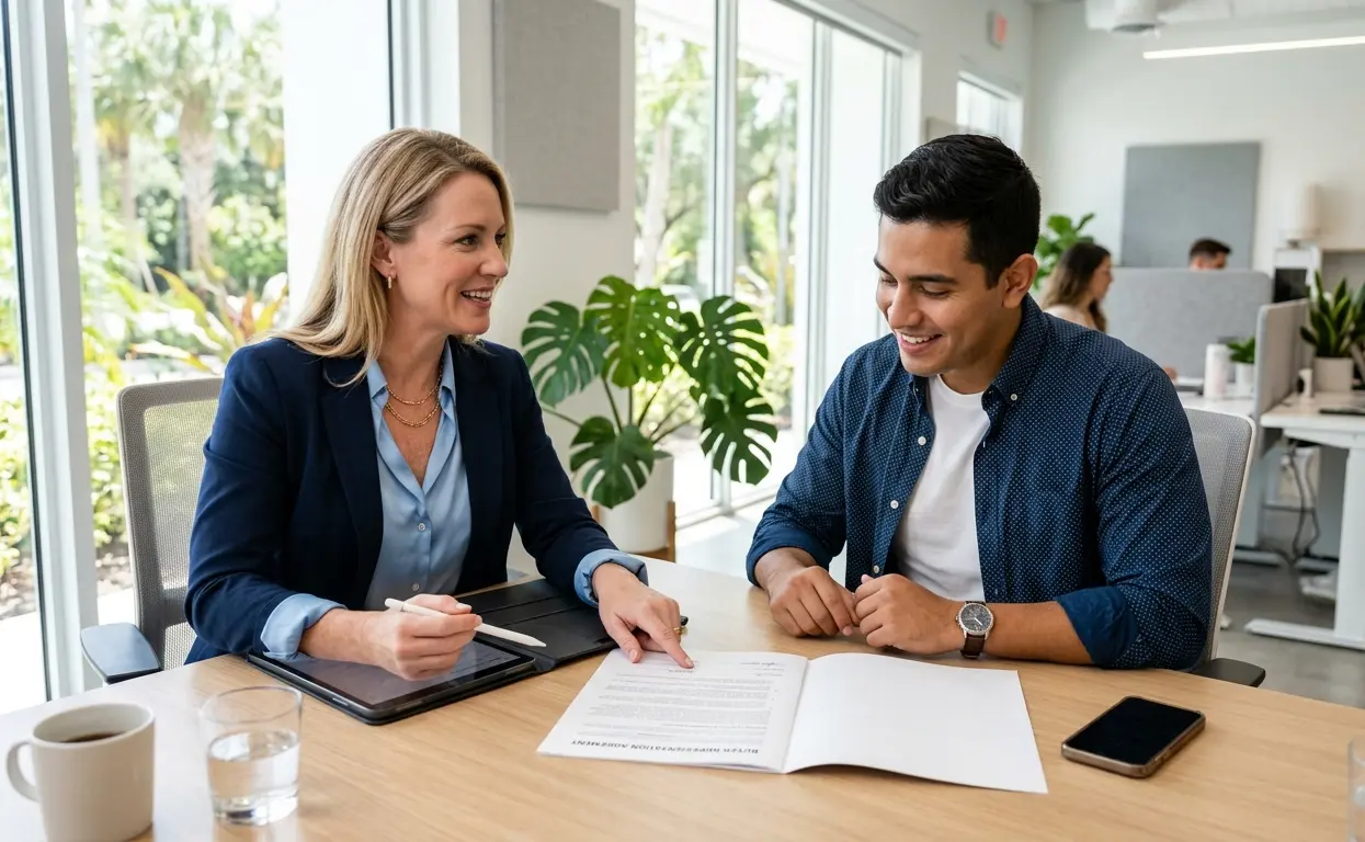 Buyer's agent Florida reviewing representation agreement with buyer at modern real estate office in Northeast Florida