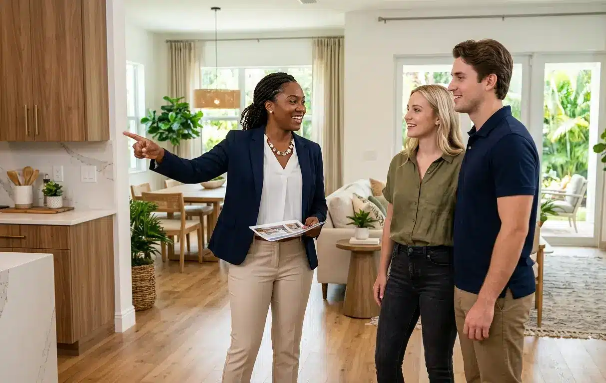 Florida buyer's agent showing home to buyers during property tour explaining features and market value in Northeast Florida 2026 