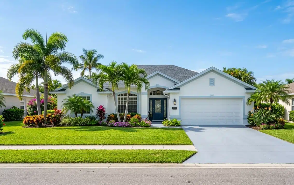 Buying a home in Florida 2026 move-in ready single-story house with tropical landscaping and blue sky in Northeast Florida