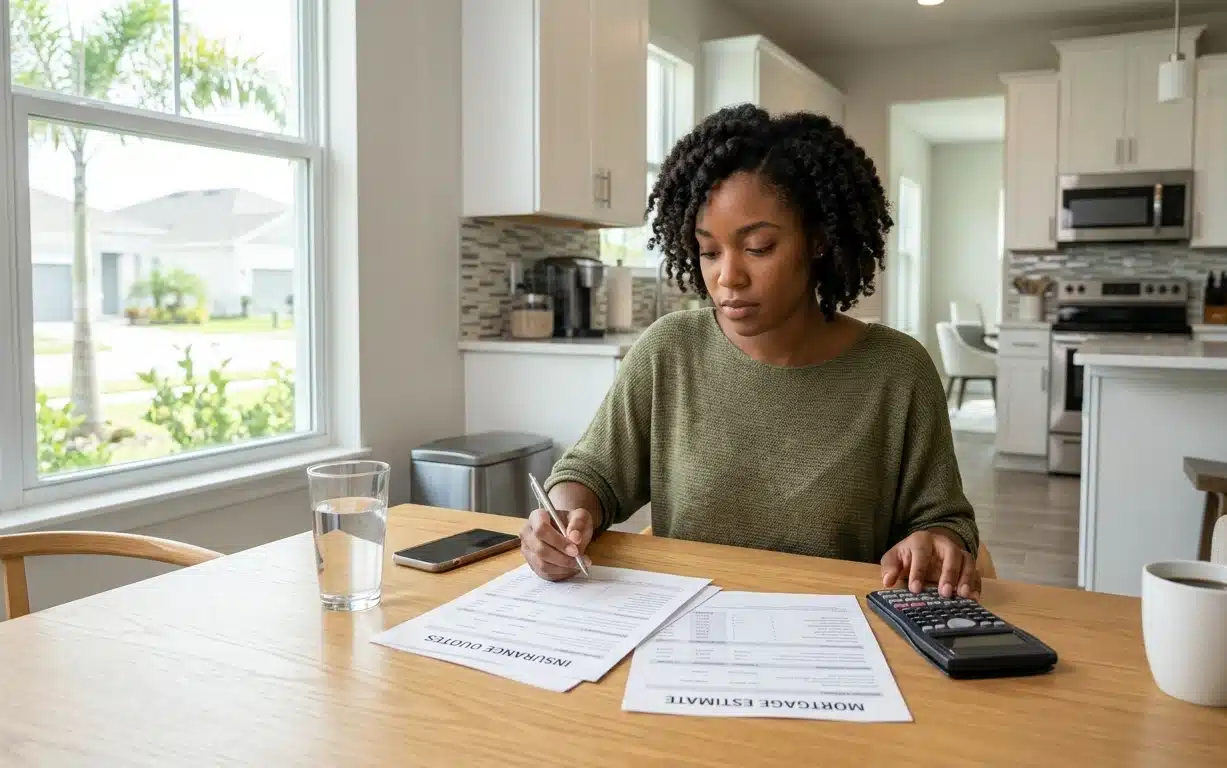 First-time buyer reviewing full monthly costs of buying a home in Florida including insurance and mortgage documents in 2026