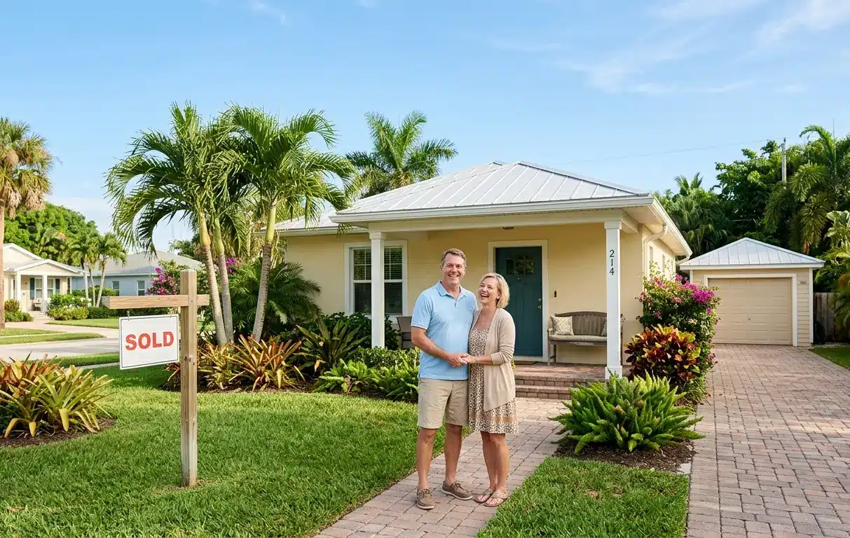 Middle-aged Florida couple outside smaller cottage home with sold sign representing successful downsizing home Florida