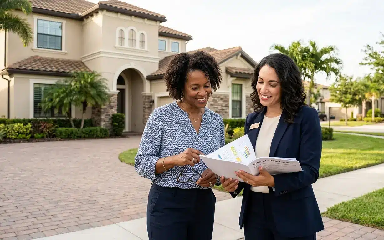 Florida homeowner reviewing home valuation documents with agent before downsizing home Florida from large property