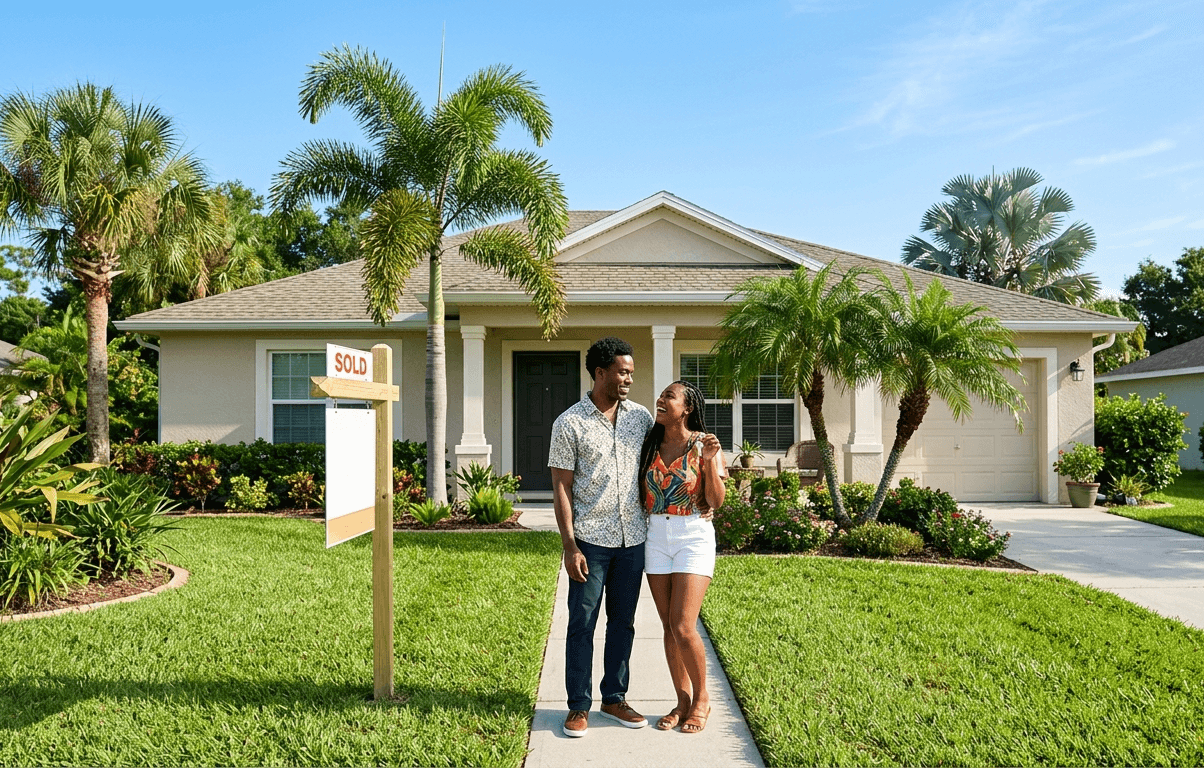 First-time buyers using FHA loans Florida standing outside new home with sold sign after low down payment purchase in 2026