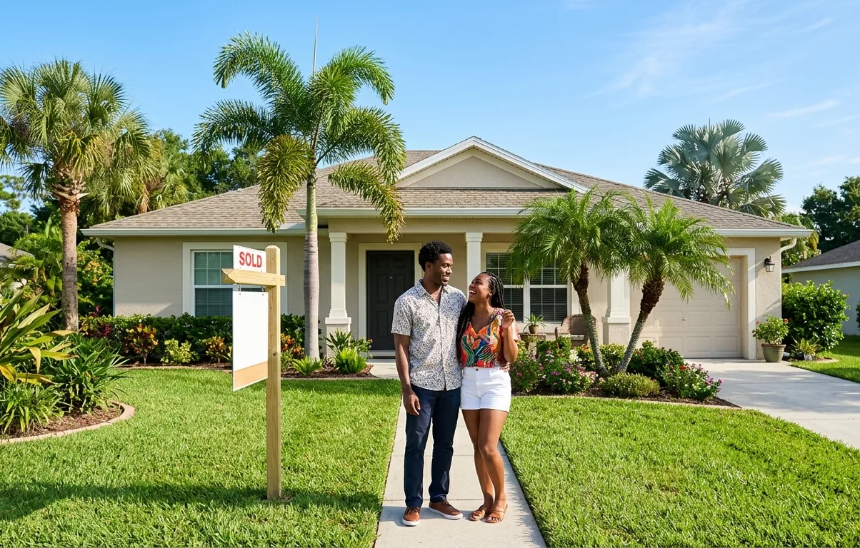 First-time buyers using FHA loans Florida standing outside new home with sold sign after low down payment purchase in 2026