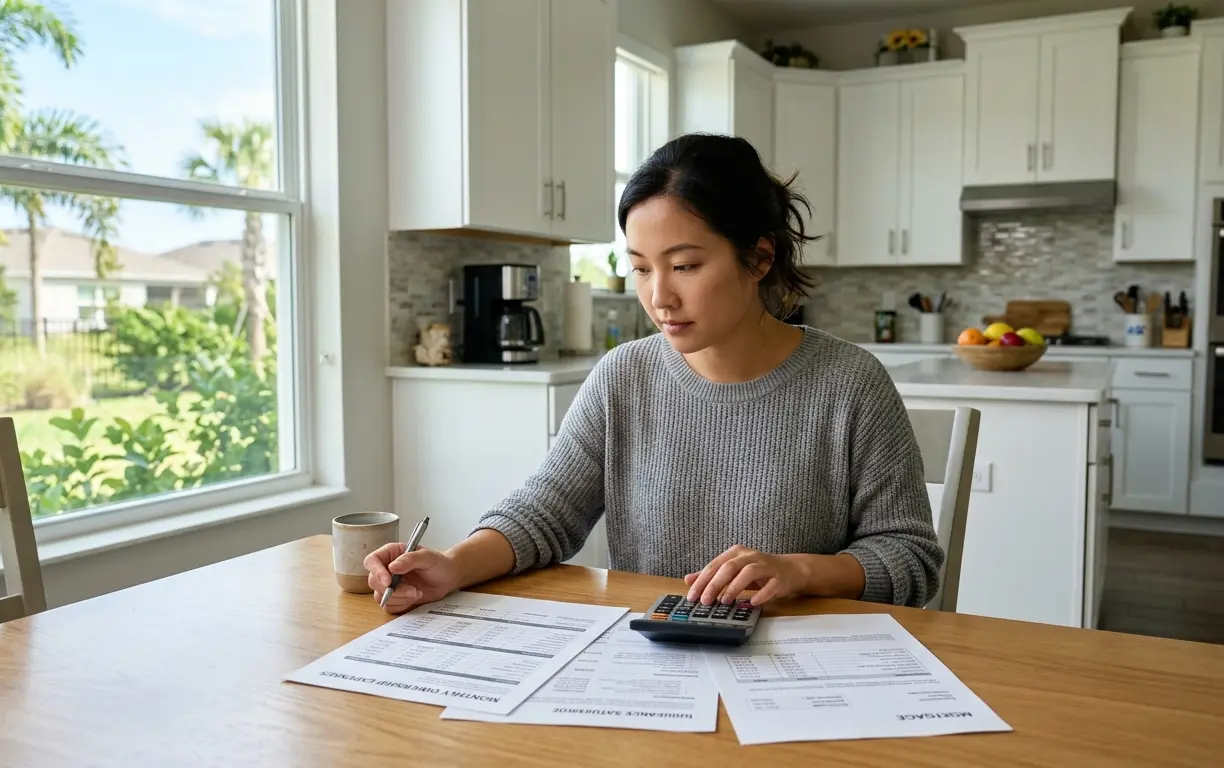 Florida homeowner reviewing monthly FHA loans Florida mortgage insurance and ownership costs at kitchen table in 2026 