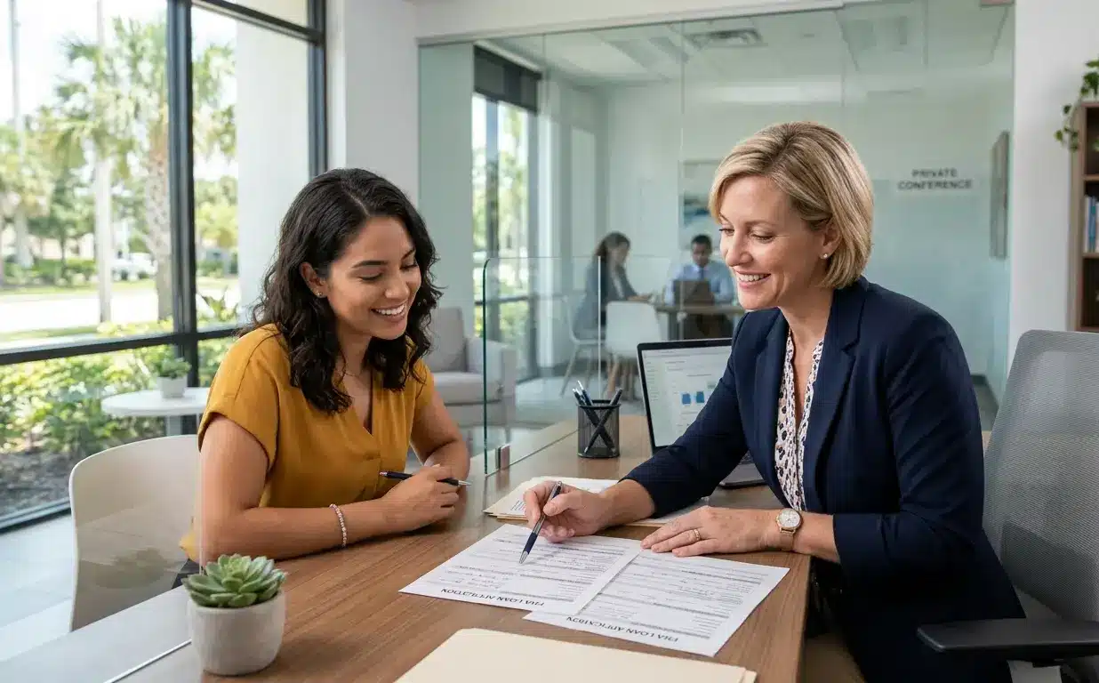 Florida mortgage lender reviewing FHA loans Florida application documents with first-time buyer at bank office in 2026