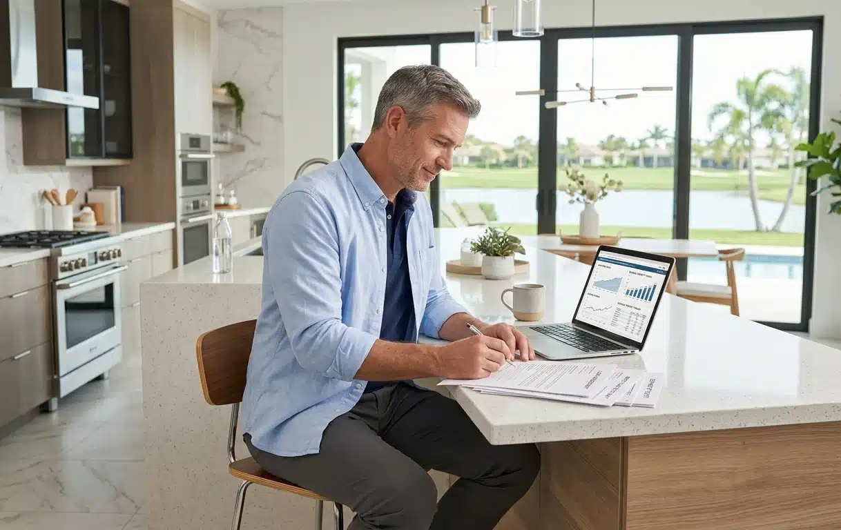 Homeowner reviewing Fleming Island FL real estate costs and home prices at kitchen table before buying in Clay County 2026