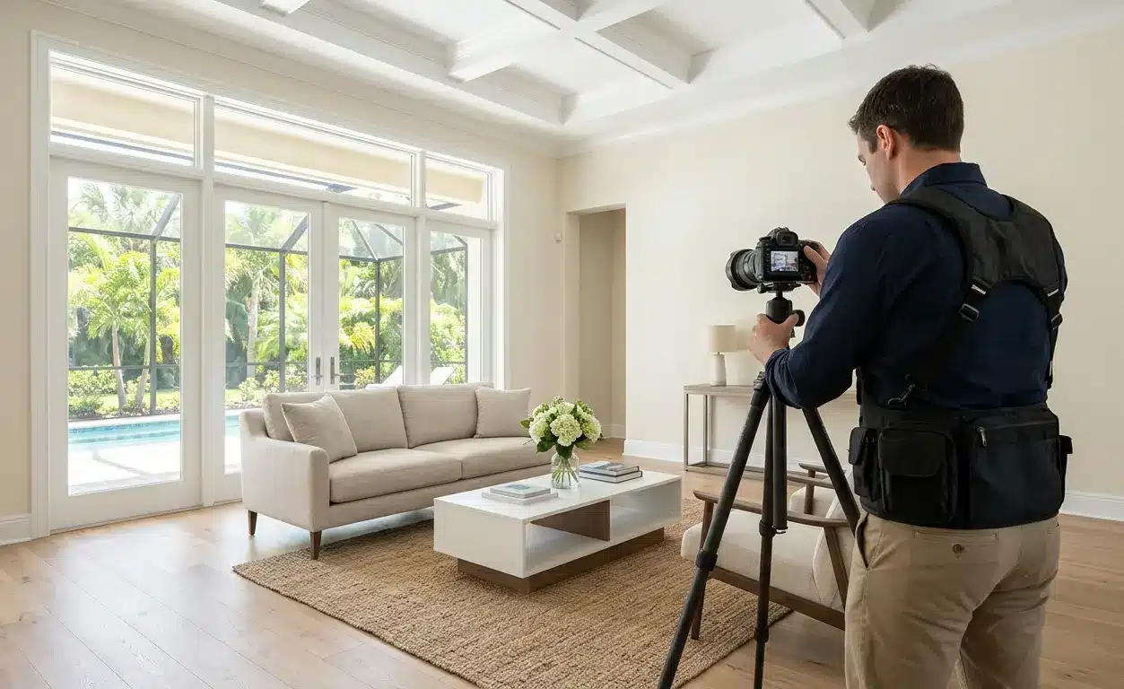Professional photographer staging Florida home listing photos as part of pre-listing preparation costs for home selling