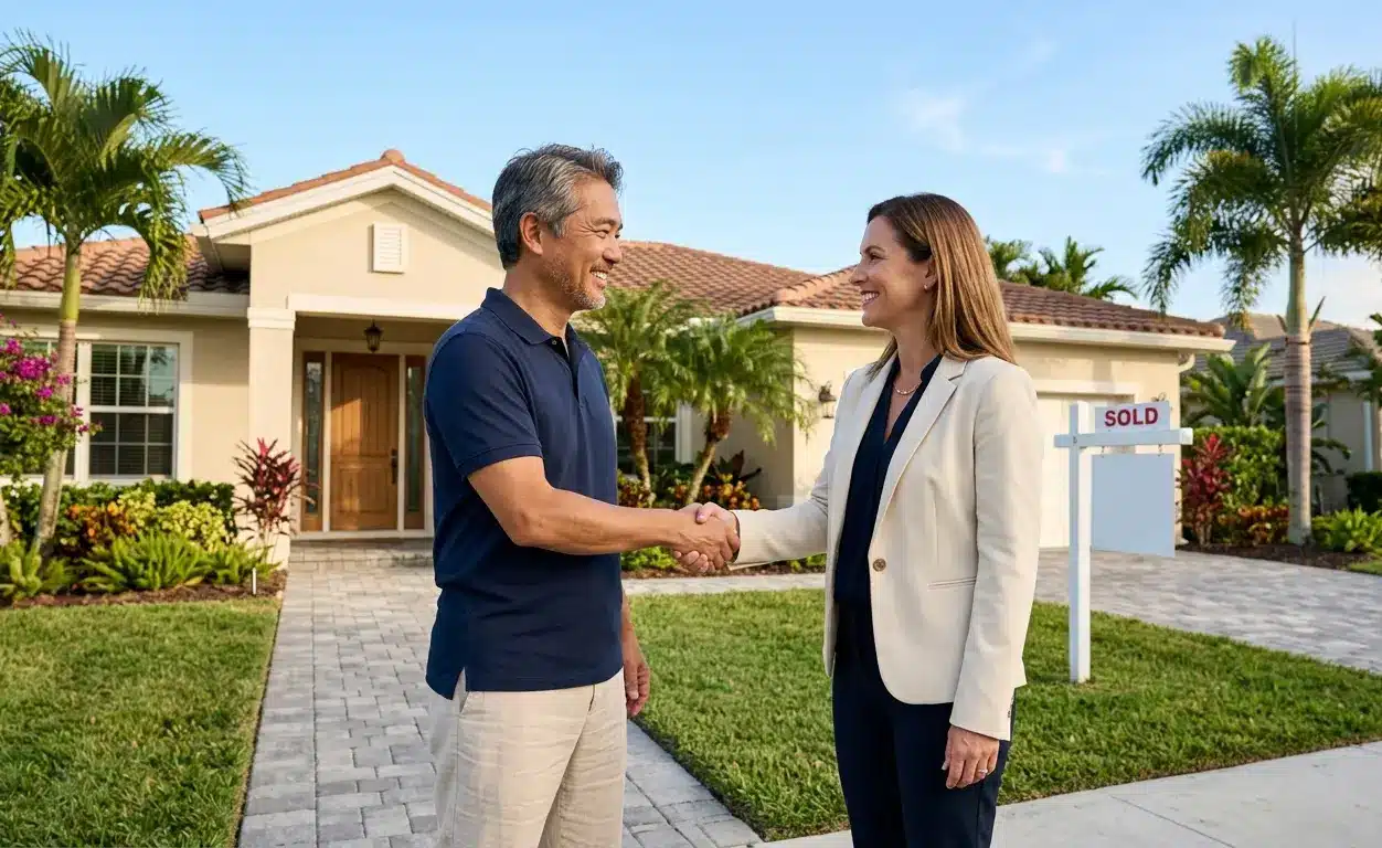 Florida home seller and real estate agent handshake outside home representing successful sale in Florida housing market 2026