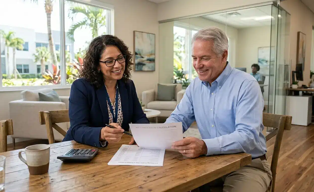 Florida real estate agent reviewing net proceeds calculation with seller explaining total home selling costs in Florida