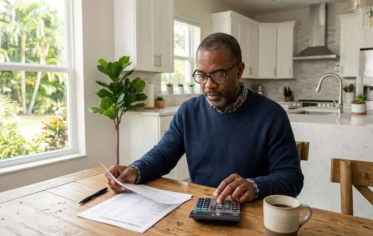 Florida home seller reviewing closing cost breakdown documents including realtor fees and title insurance charges
