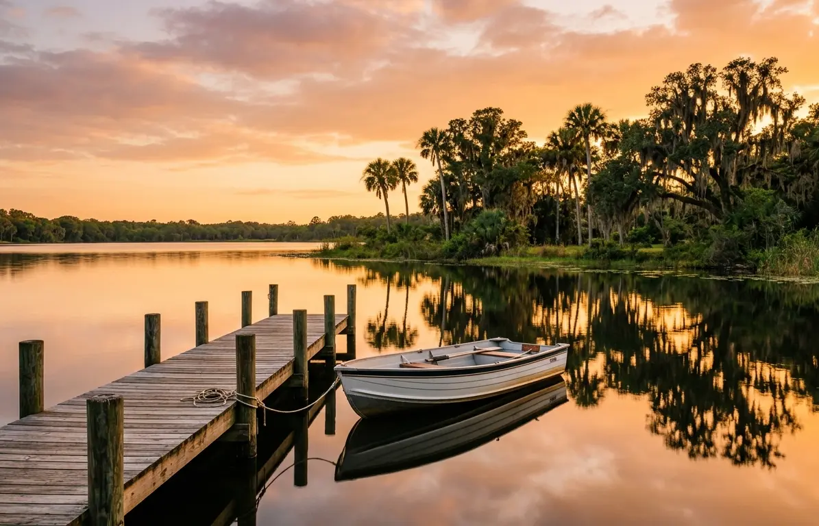 Is Florida a good place to live showing peaceful lake dock and golden hour sky representing Northeast Florida lifestyle
