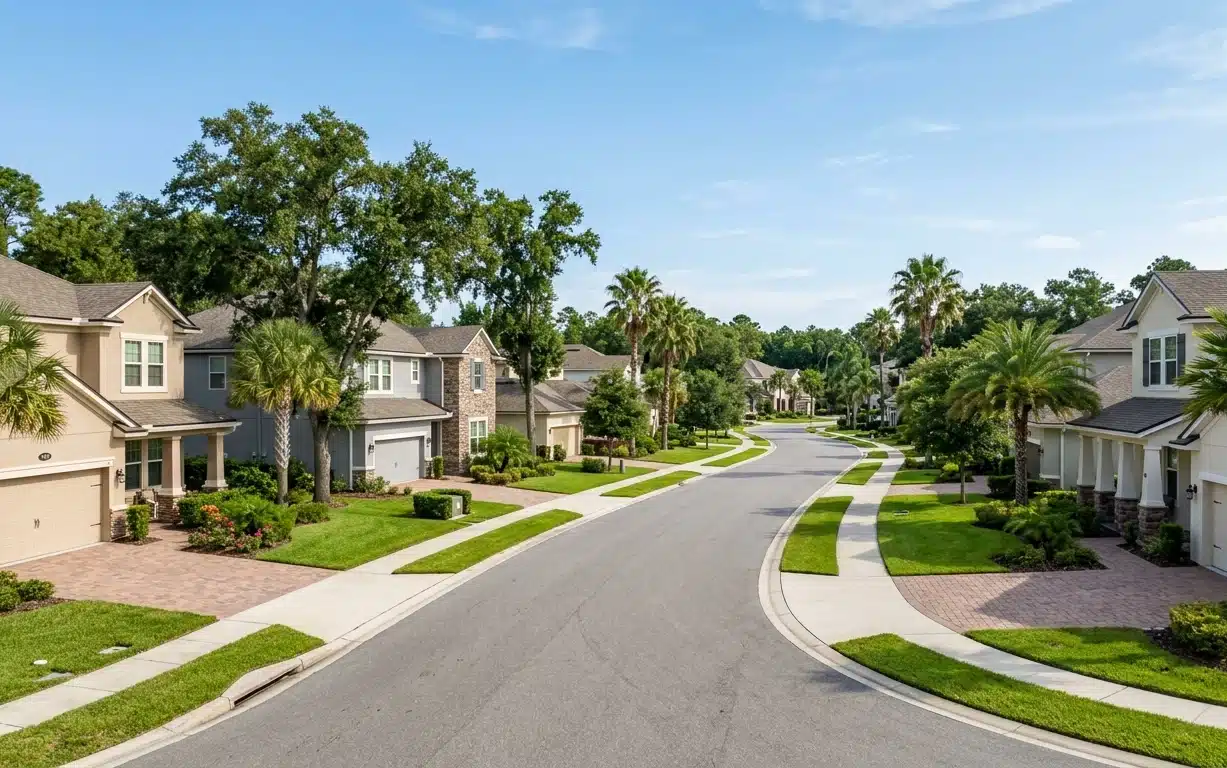 Living in Fleming Island FL master-planned neighborhood showing newer homes and manicured streets in Clay County 2026
