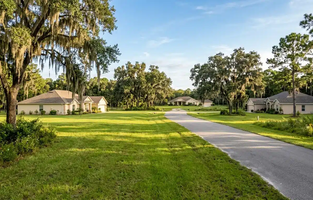 Quiet semi-rural neighborhood street in Middleburg FL showing modest homes on large lots representing Clay County lifestyle 2026