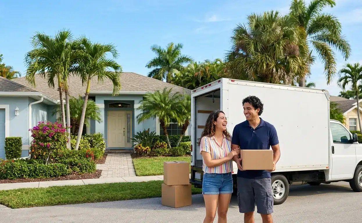 Young couple moving to Florida from out of state standing outside new home with moving truck in Northeast Florida in 2026