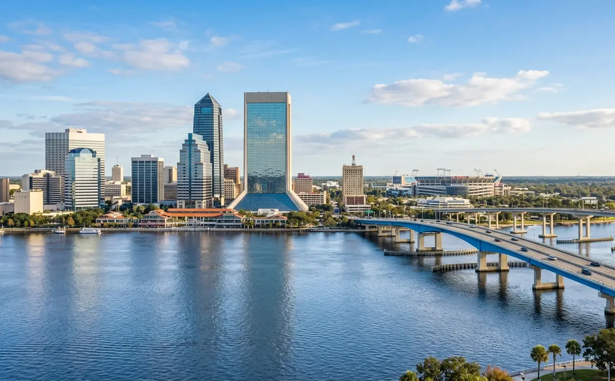 Moving to Jacksonville FL downtown skyline viewed across St. Johns River showing city for out-of-state relocation guide 2026