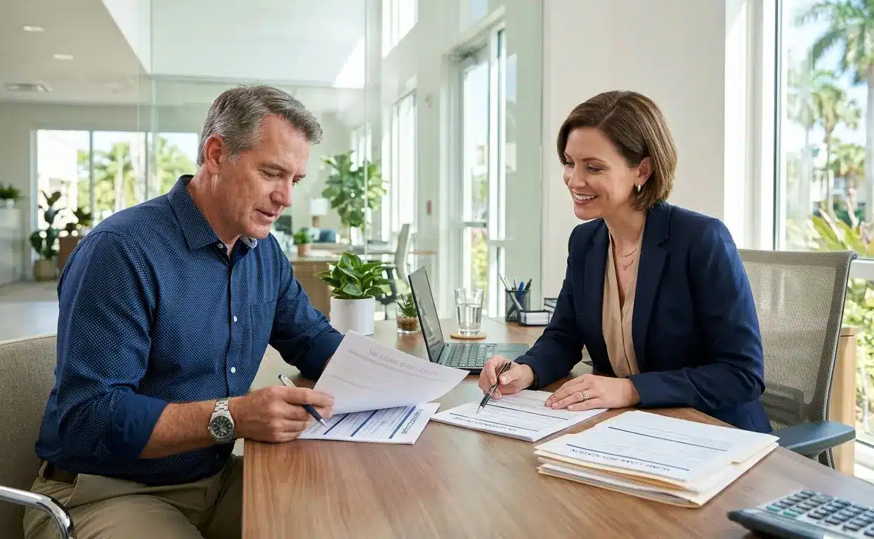 Florida veteran reviewing VA home loan documents with mortgage lender discussing eligibility and entitlement requirements 2026