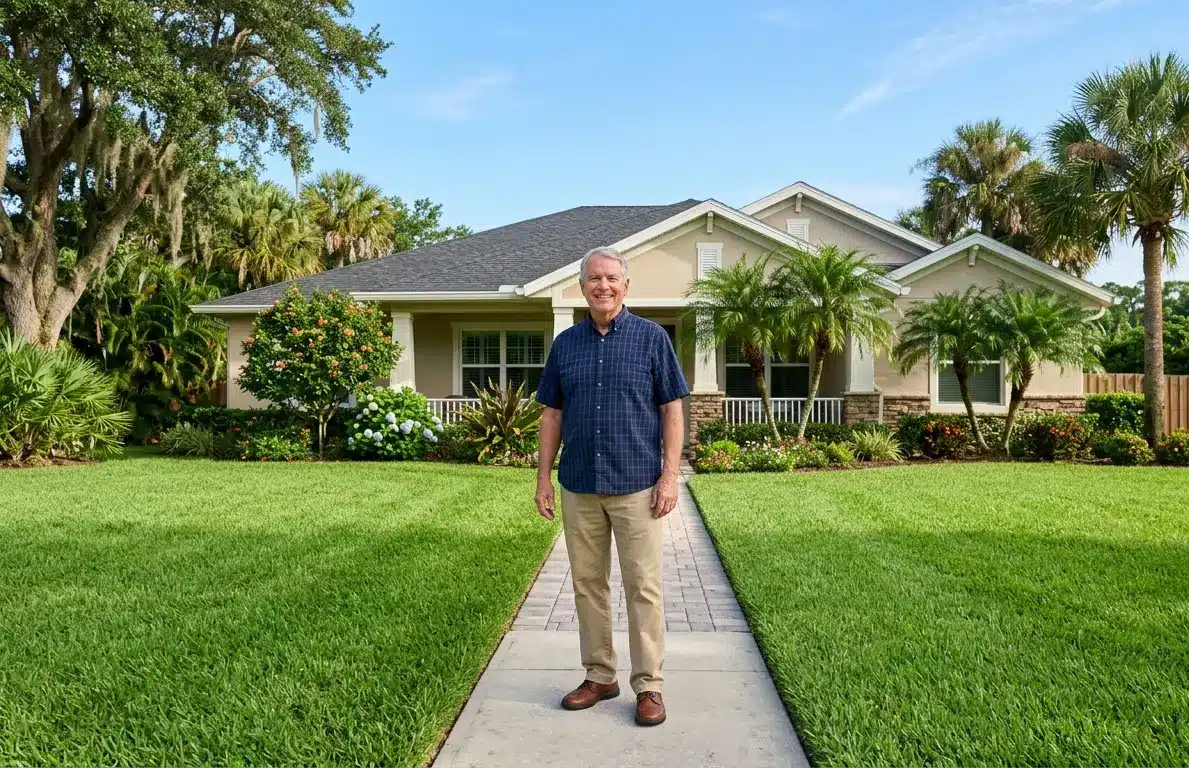 Military veteran standing outside new Florida home purchased using VA home loans Florida zero down payment program