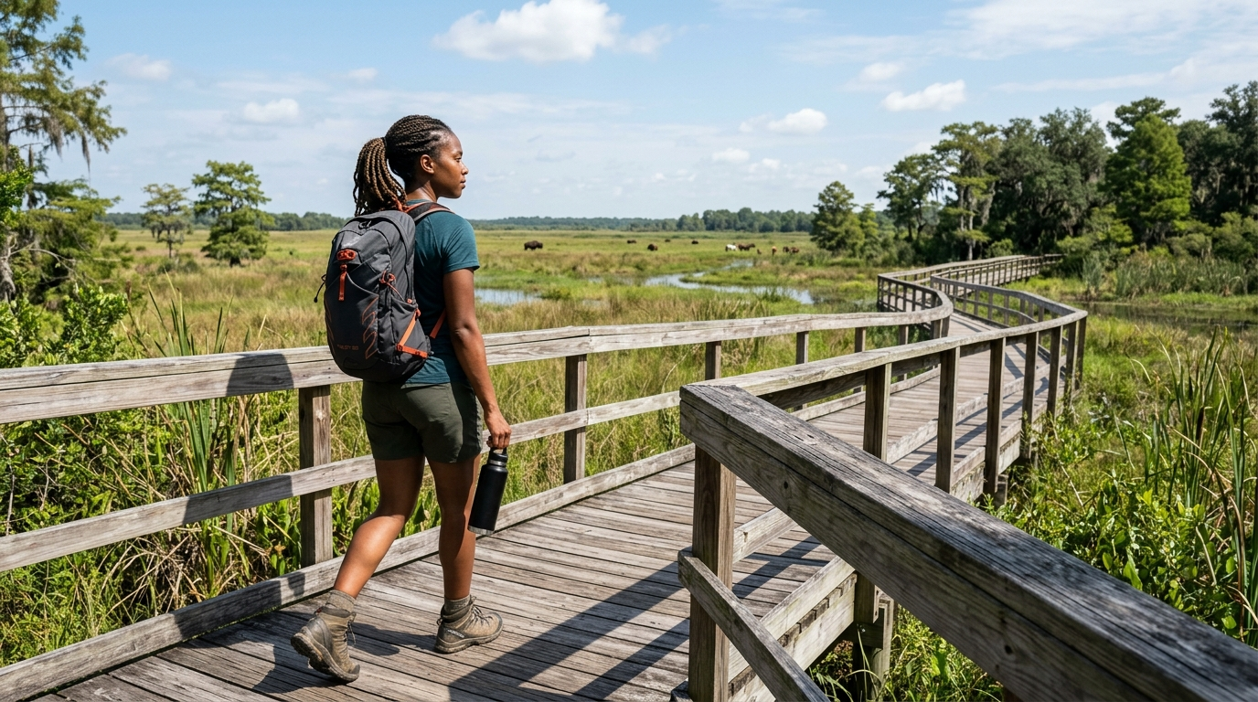 Woman hiking the La Chua Trail boardwalk at Paynes Prairie, a top favorite among things to do in Gainesville FL.