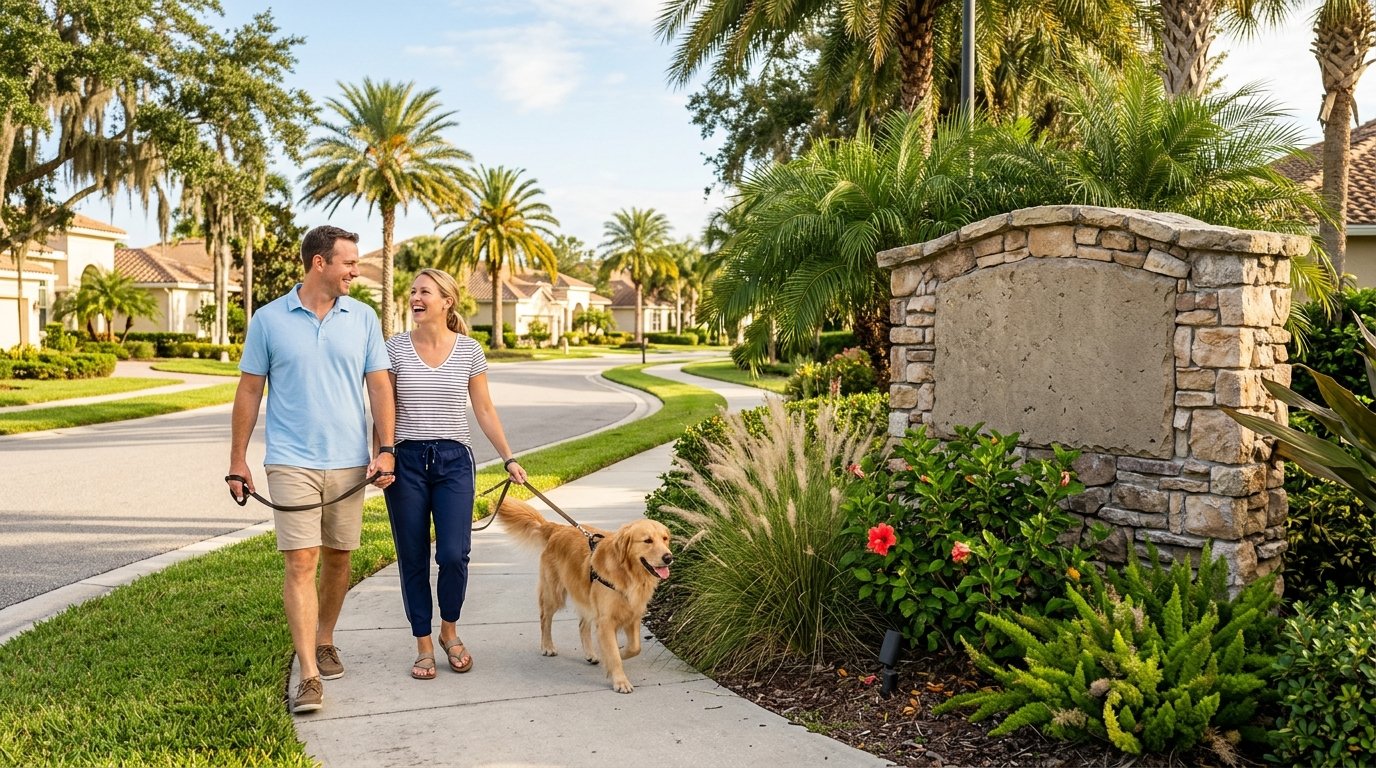 HOA community entrance in Florida with palm trees stone monument sign and couple walking their dog
