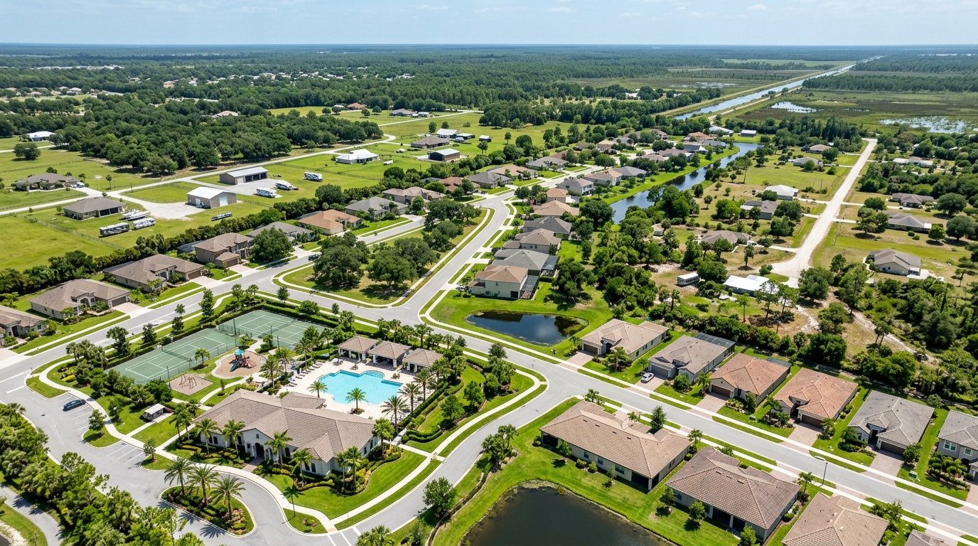 Professional aerial view of Florida neighborhoods showing a mix of master-planned communities, suburban developments, and rural homes.