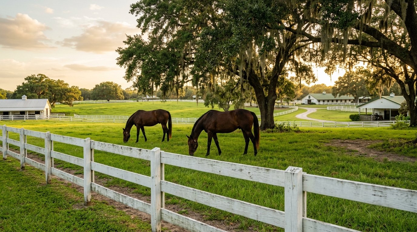 Thoroughbred horse farm with white fence and green pasture in an Ocala Florida equestrian community