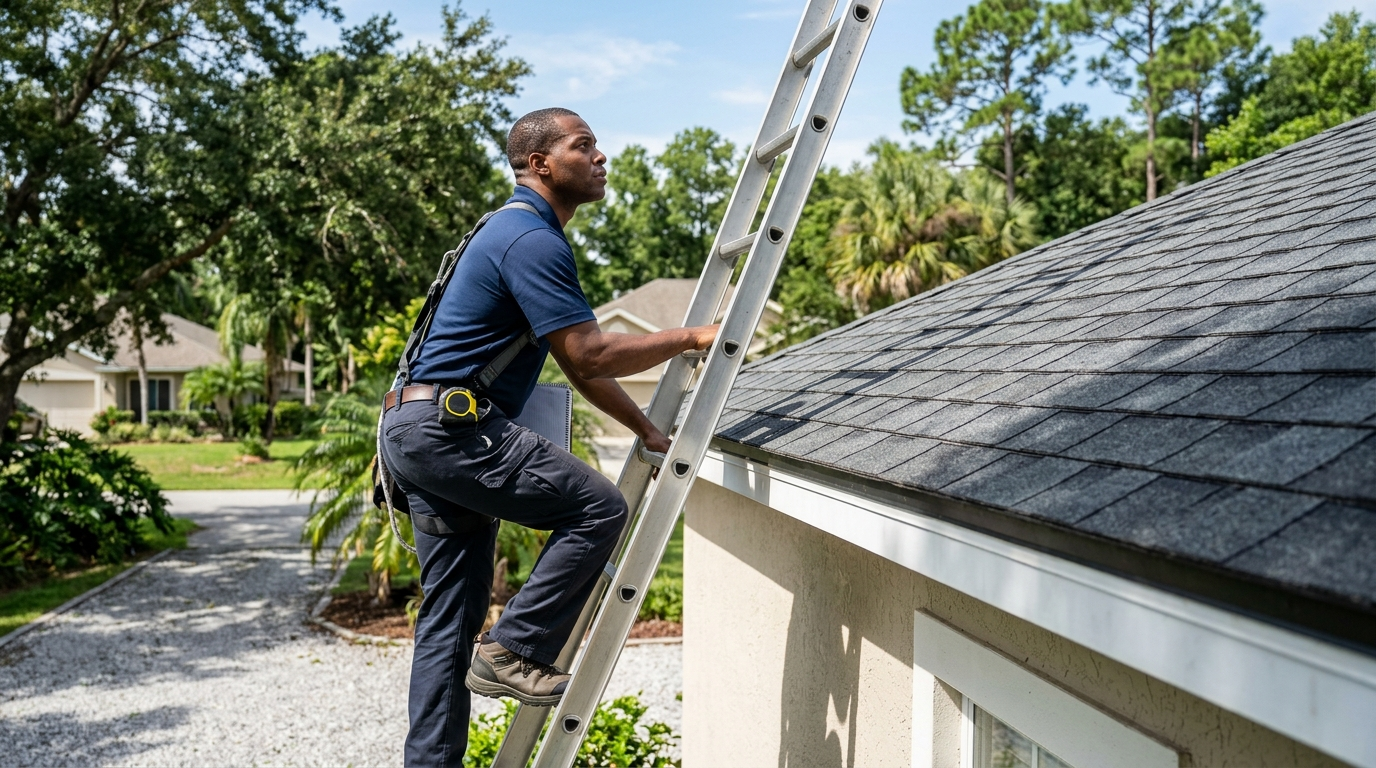 Inspector climbing a ladder to check roof shingles, a key early step in any home inspection checklist process.