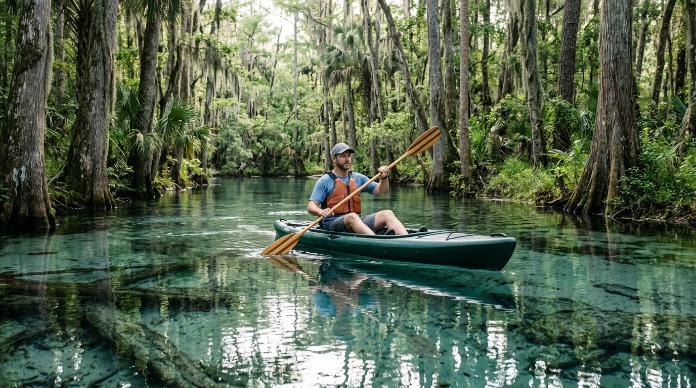 Man kayaking on a clear natural spring in the Ocala National Forest surrounded by cypress trees in Florida