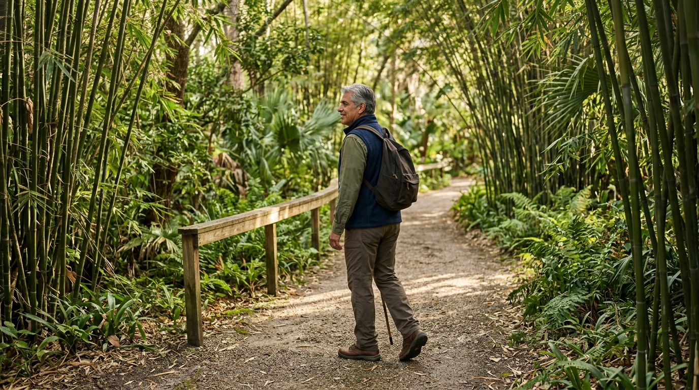 Senior man walking a bamboo garden path at Kanapaha, a quieter pick among things to do in Gainesville FL today.