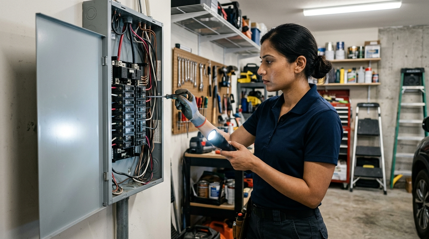 Inspector examining a garage electrical panel, part of a thorough Florida home inspection checklist review today.