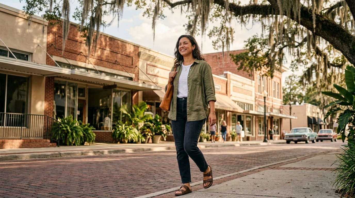 Woman walking along a brick-paved historic downtown Ocala Florida street with oak trees and storefronts